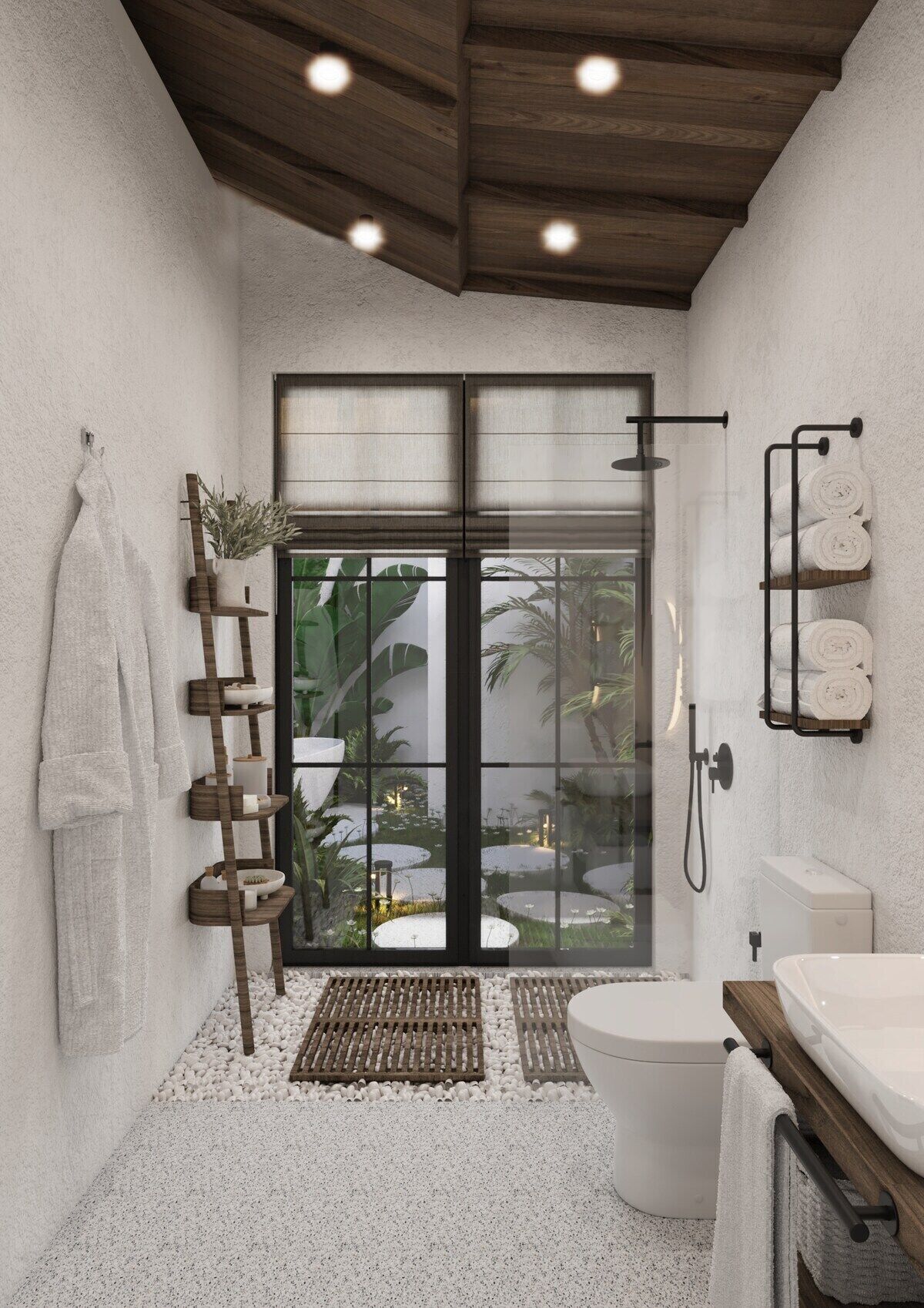 A modern bathroom with a shower, toilet, and sink. It features a wooden ladder shelf, a towel rack, and a view of greenery through a glass door.