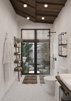 Un baño moderno con ducha, inodoro y lavamanos. Incluye un estante escalonado de madera, un perchero para toallas y vistas a zonas verdes a través de una puerta de vidrio.