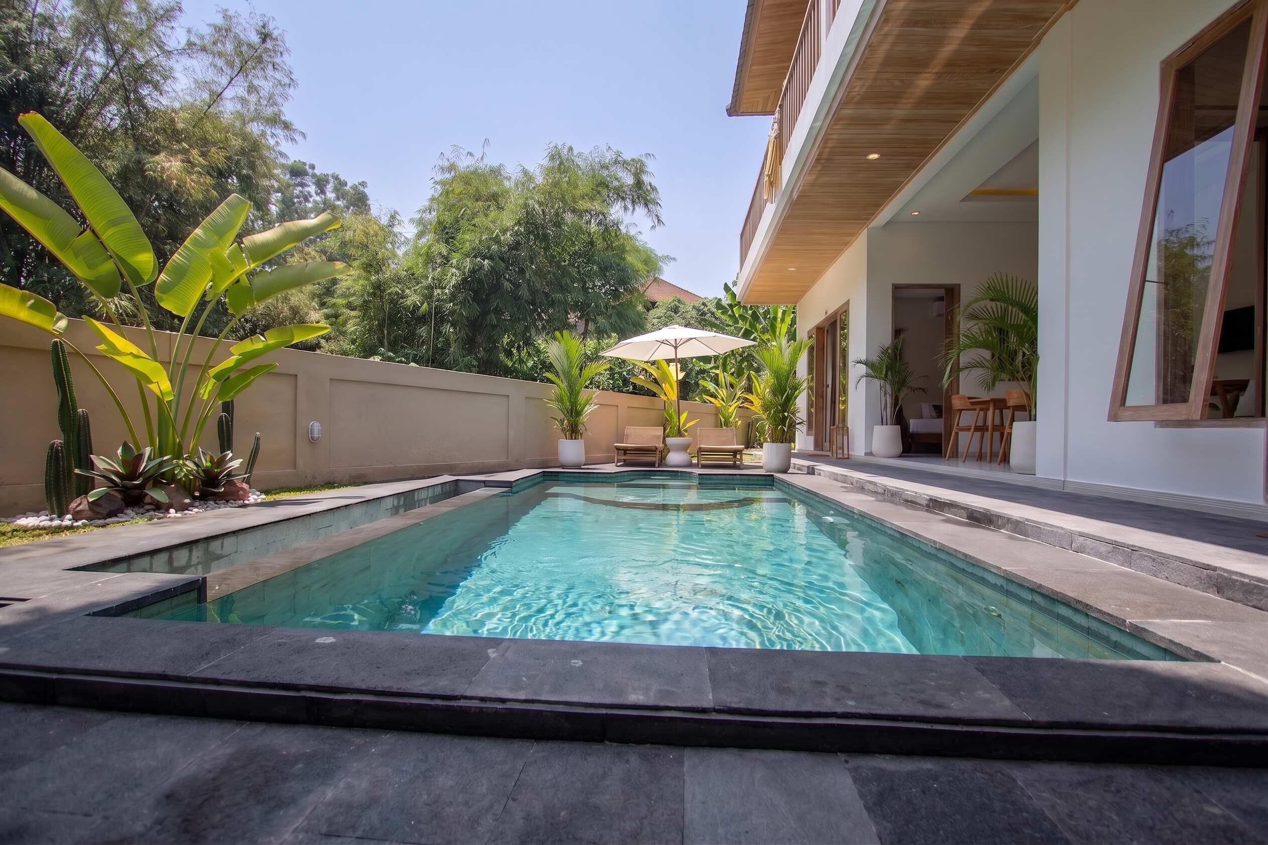 Ein Schwimmbecken mit modernem Design, umgeben von einem Garten mit verschiedenen Pflanzen und einer Holzterrasse.