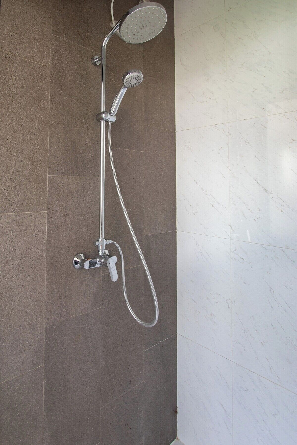 Shower, hair dryer, shampoo