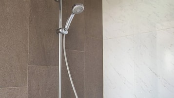 Shower, hair dryer, shampoo