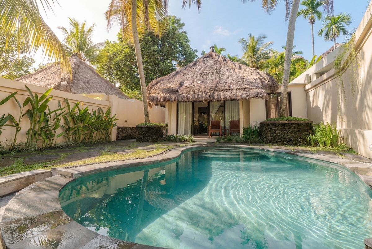 A swimming pool with a thatched-roof structure, surrounded by palm trees and a stone wall.