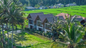 A resort with multiple bungalow-style buildings, surrounded by lush green rice fields and palm trees. - New Tropical Villa+Large Pool+Perfect for Couples (Gianyar Regency)