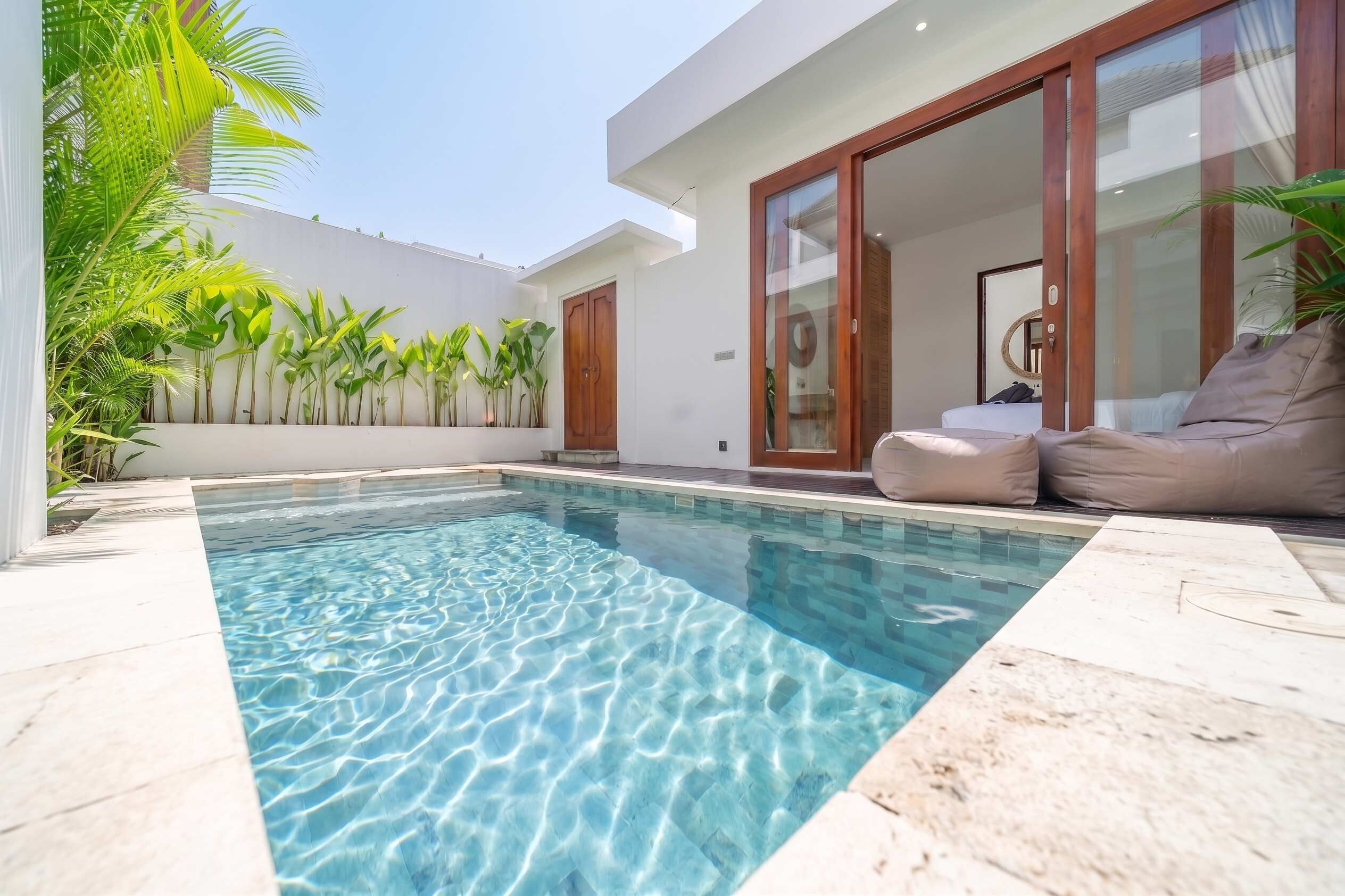 Piscina com água cristalina, rodeada por um muro branco e plantas de palmeira.