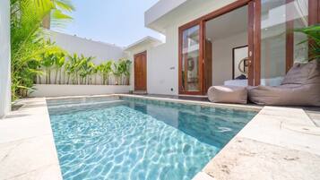 Piscina com água cristalina, rodeada por um muro branco e plantas de palmeira.