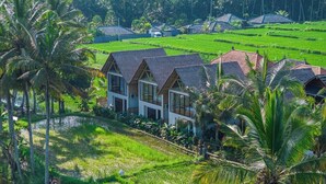A residential area with houses surrounded by lush green fields and palm trees. - Tropical 1BR in Ubud w Pool - Perfect for Couples! (Tampaksiring)