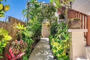 A narrow pathway flanked by lush greenery and a wooden fence leading to a building with a thatched roof.
