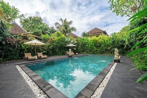A rectangular swimming pool with clear water, surrounded by a stone deck and a pebble border. There are lounge chairs and umbrellas along the poolside. - New 2BR Villa in Modern Ubud Complex w Spa+2 Pools (Ubud)