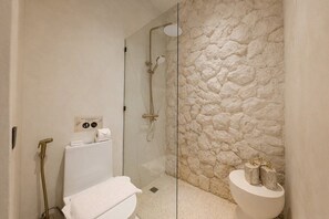 Casa de banho com chuveiro separado por vidro, sanita branca e parede de pedra.
