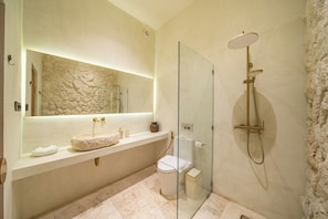 Un bagno con parete in pietra, cabina doccia in vetro, lavandino bianco e un water.