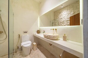 Un bagno moderno con lavabo in pietra, un water e zona doccia.