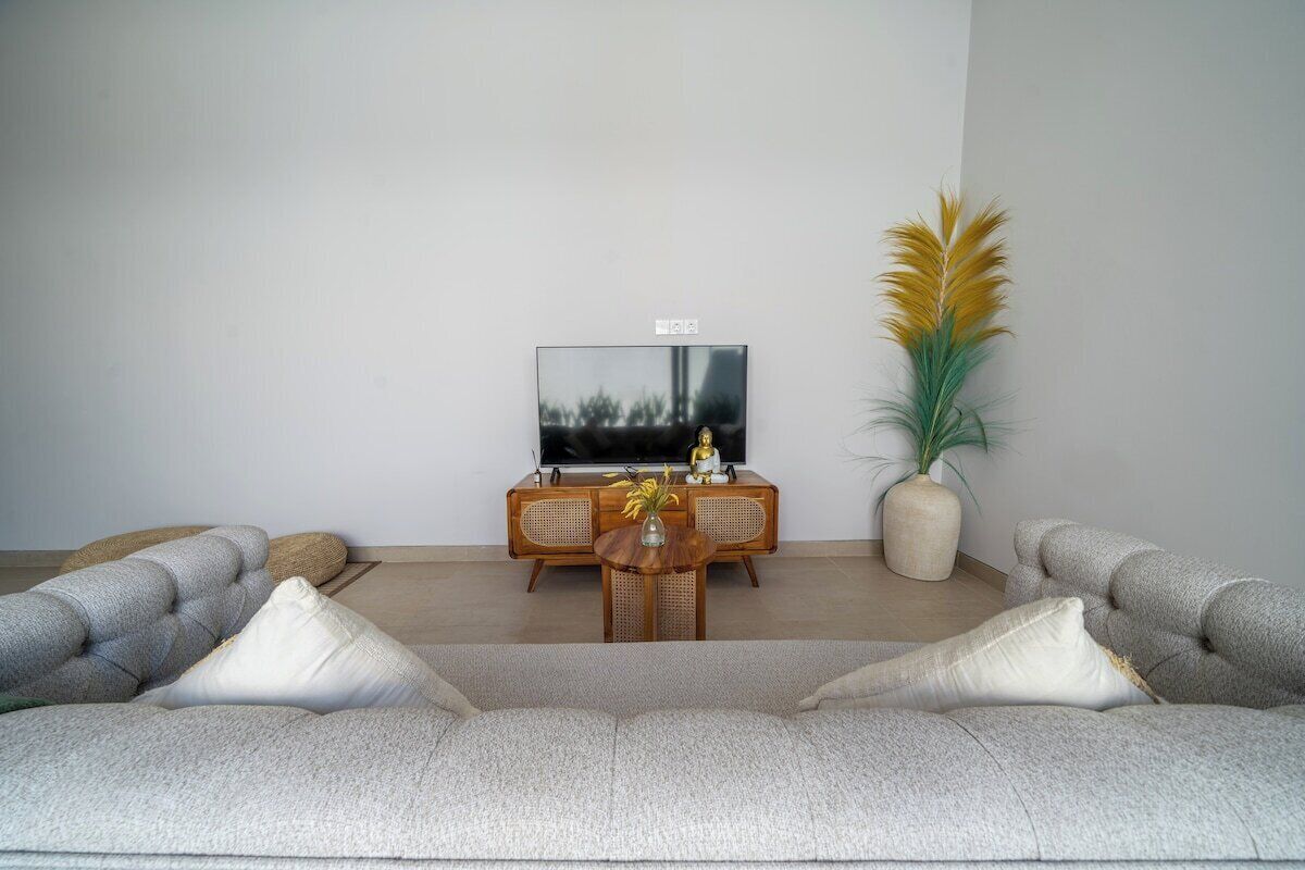 A living room with a grey sofa, a wooden coffee table, a flat-screen TV, and a large potted plant.