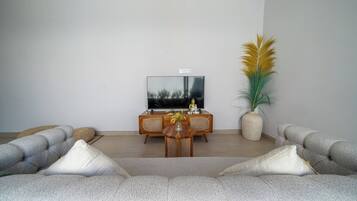 A living room with a grey sofa, a wooden coffee table, a flat-screen TV, and a large potted plant.