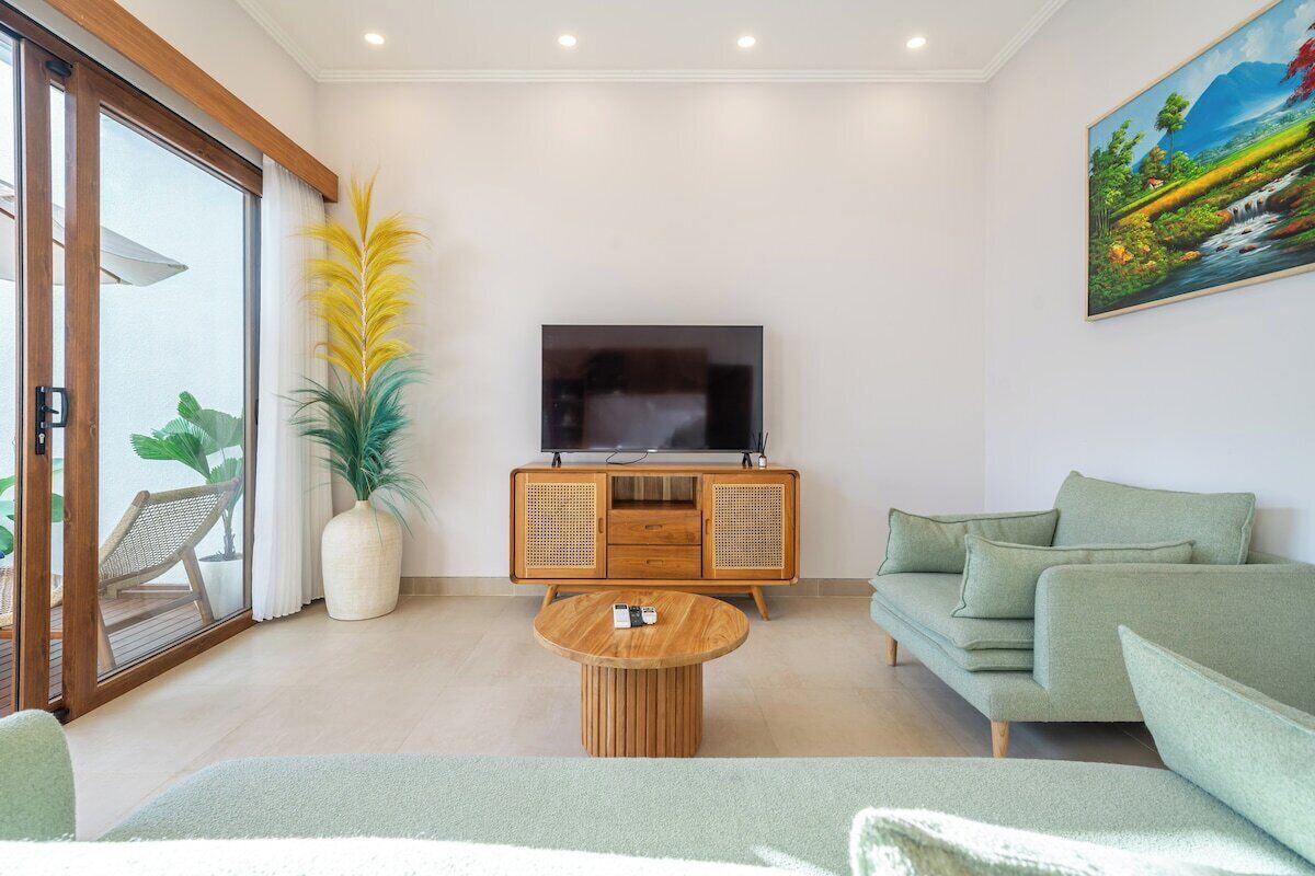Ein modernes Wohnzimmer mit einem Flachbildfernseher, einem Holzschrank, einem grünen Sofa und einer großen Küstertopf-Pflanze.