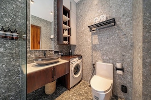 Un bagno moderno con un piano di lavoro in granito, una lavatrice integrata, un water e uno specchio con cornice in legno.