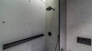 Shower, hair dryer, shampoo