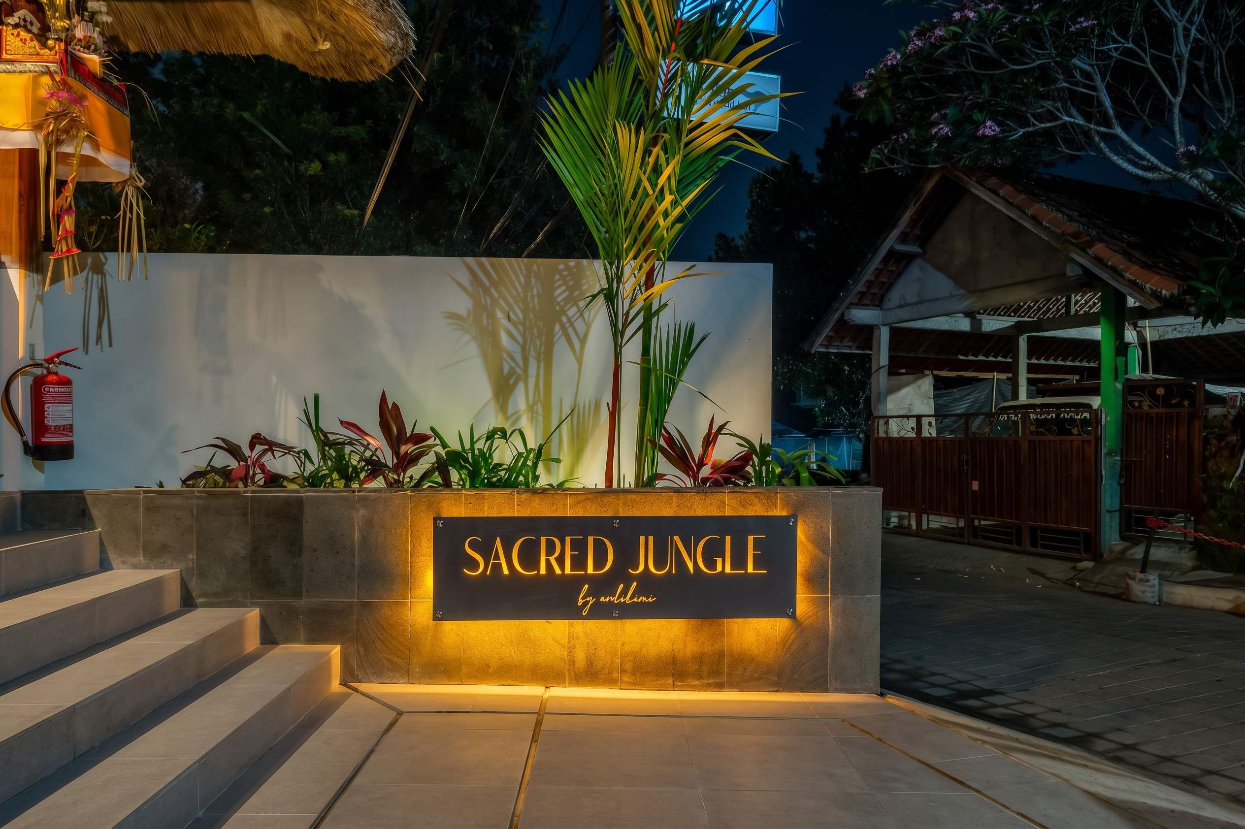 A sign for 'Sacred Jungle by anthro' with steps leading up to it, surrounded by tropical plants.