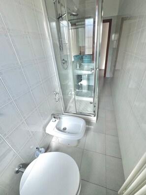 Et badeværelse med en glasafskærmet brusekabine, en hvid vask og et toilet.