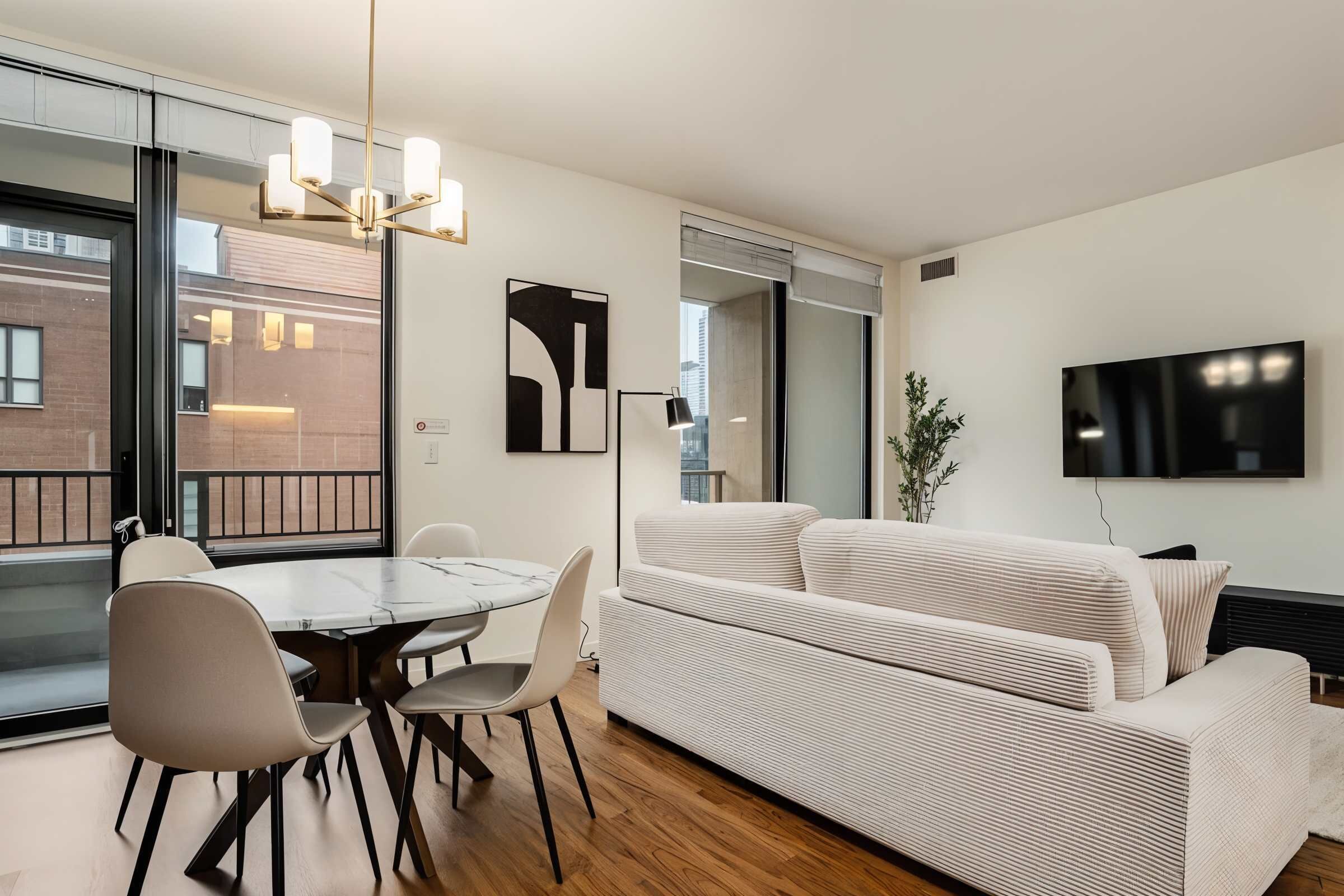 A modern living room with a dining area, a sofa set, a flat-screen TV, and a large window with a view of the city.