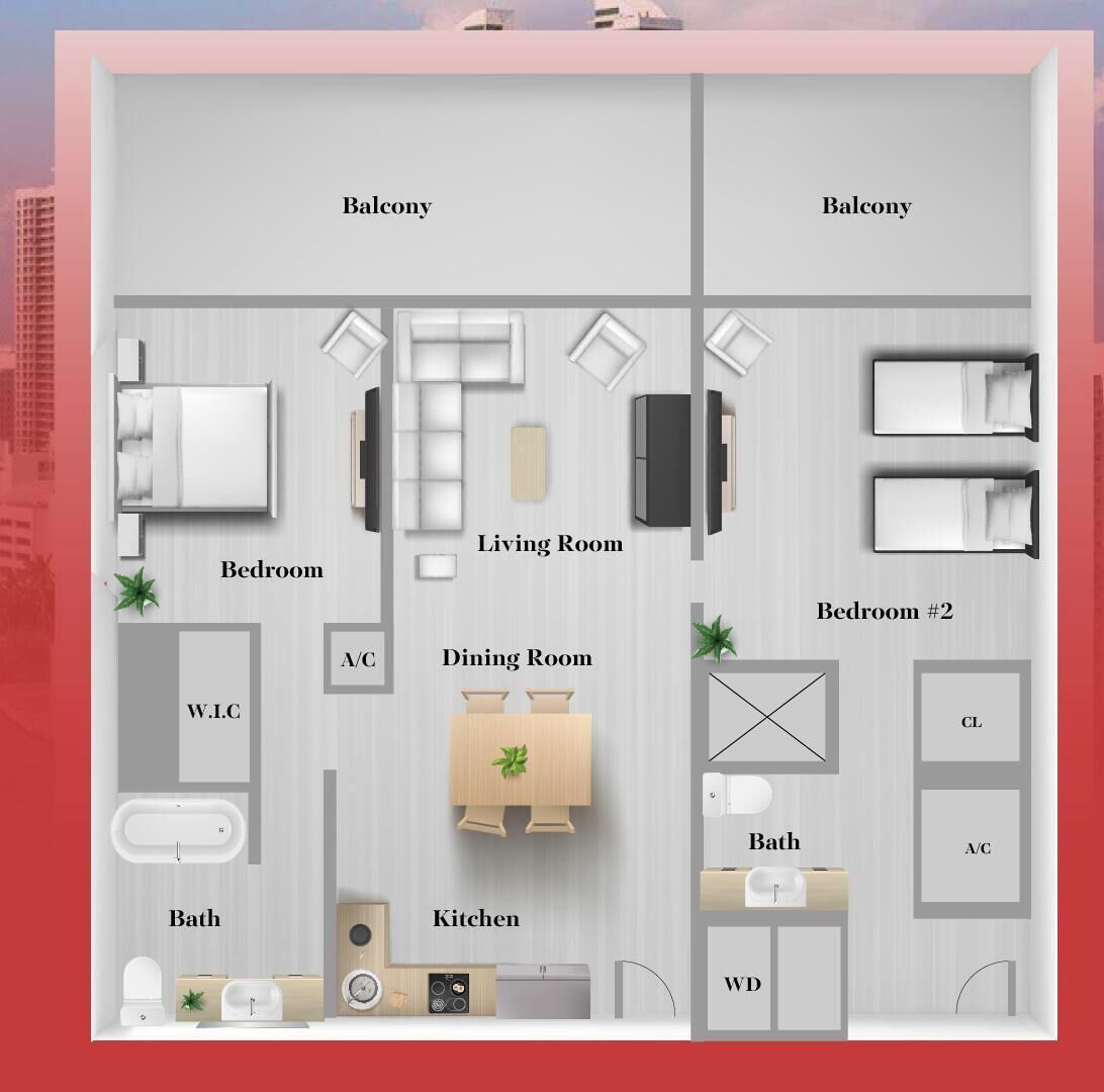 A 2-bedroom apartment layout with a balcony, a dining room, kitchen, and separate bathrooms.