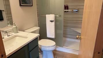 Une salle de bain équipée de toilettes, d’un lavabo et d’une douche à parois en verre.