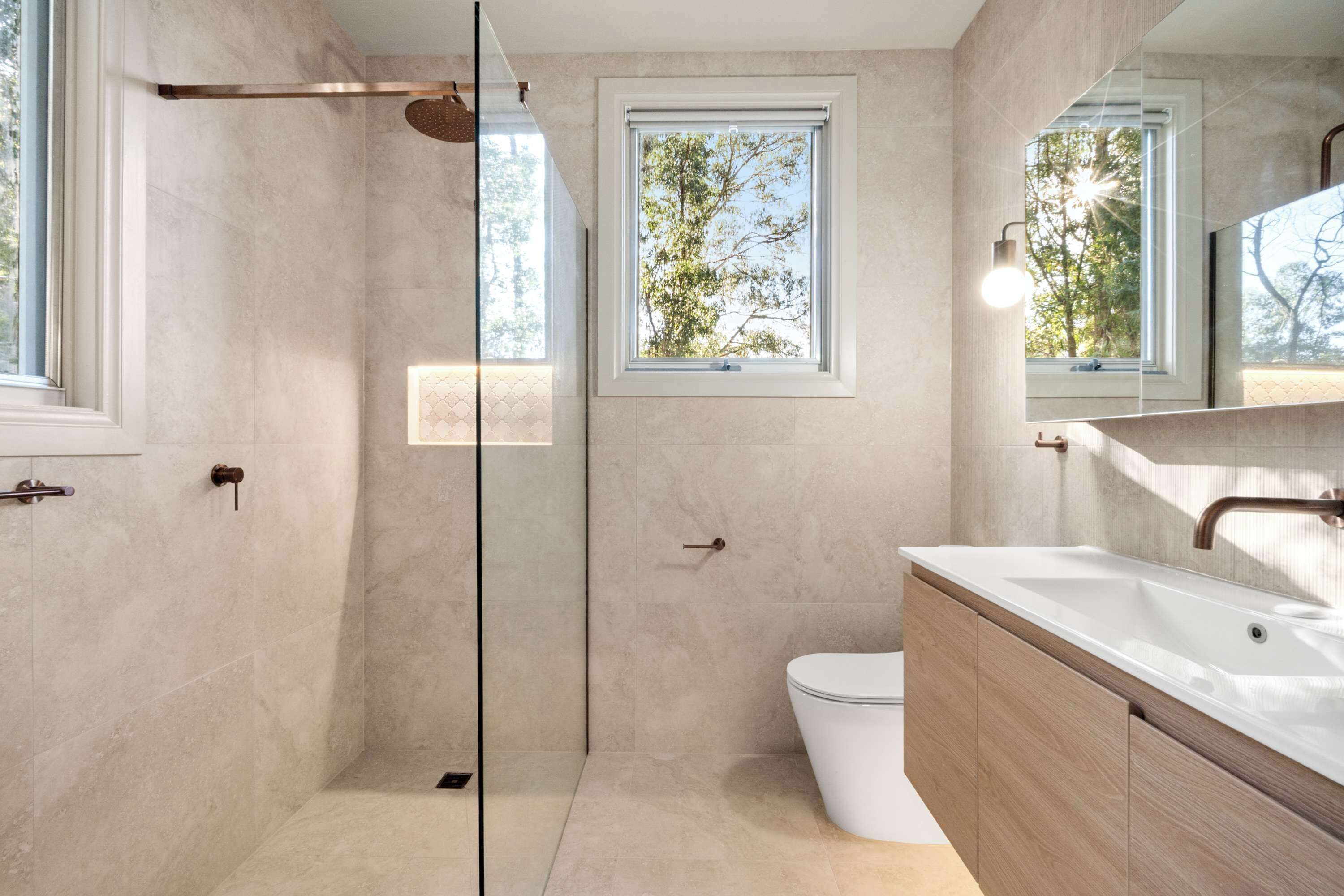 Shower, hair dryer, towels, shampoo