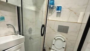 A bathroom with a glass-enclosed shower, a toilet, and a sink with a mirror. - uckun palas (fatih)