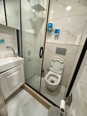 Ein Badezimmer mit Duschkabine, Toilette und Waschbecken mit Spiegel.