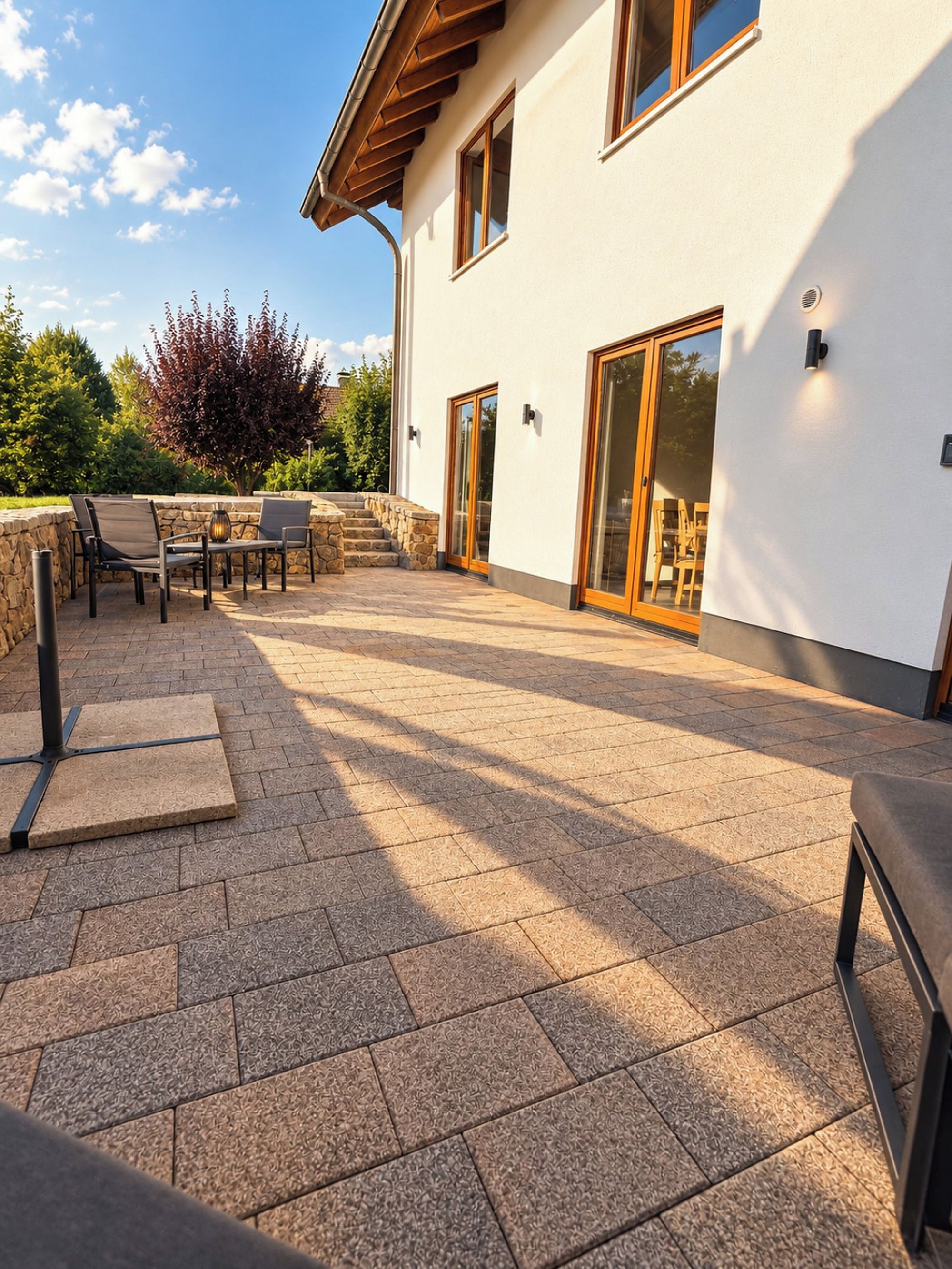 Eine Terrasse mit Steinplatten, Gartenmöbeln und einem weißen Gebäude mit großen Fenstern und einem Holzdach.