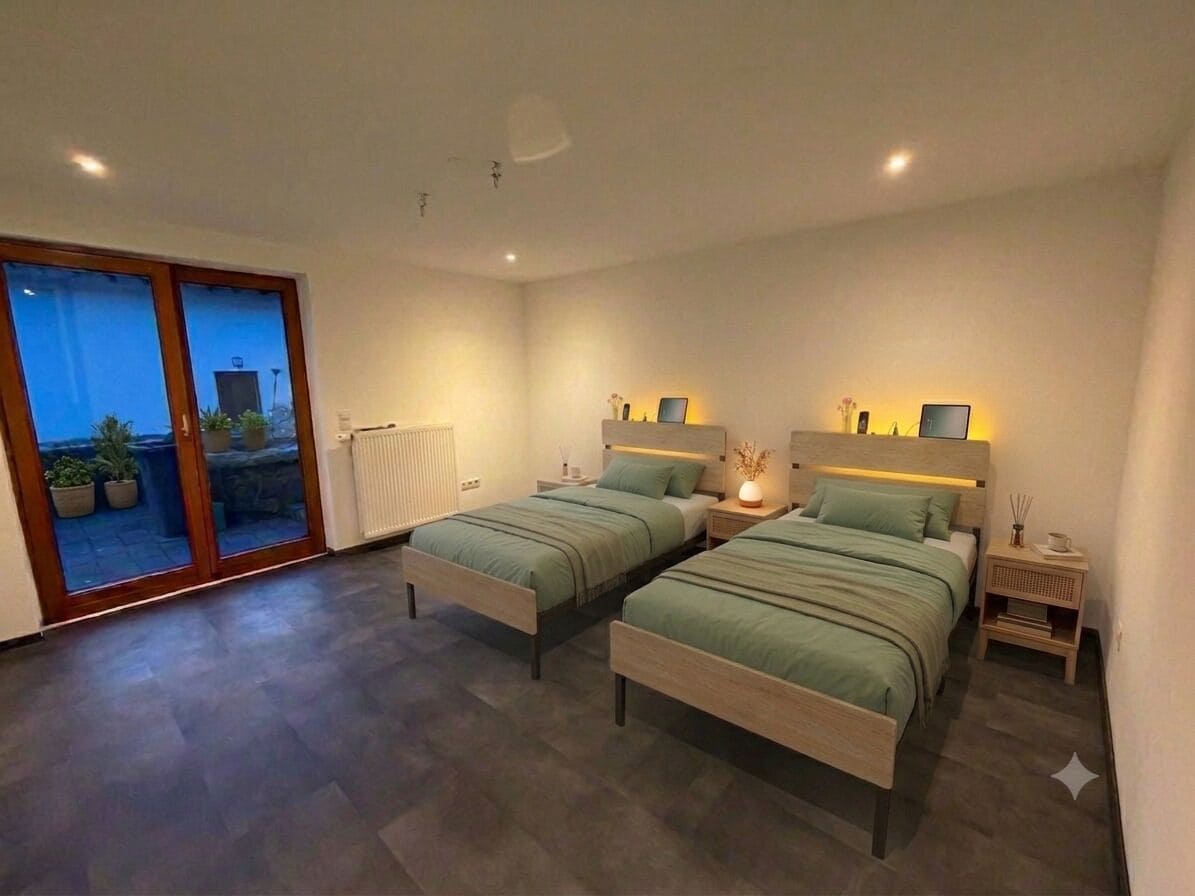 Ein modernes Schlafzimmer mit zwei Betten, einer Schiebeglasdoor zum Balkon und einem kleinen Nachttisch mit Lampe.