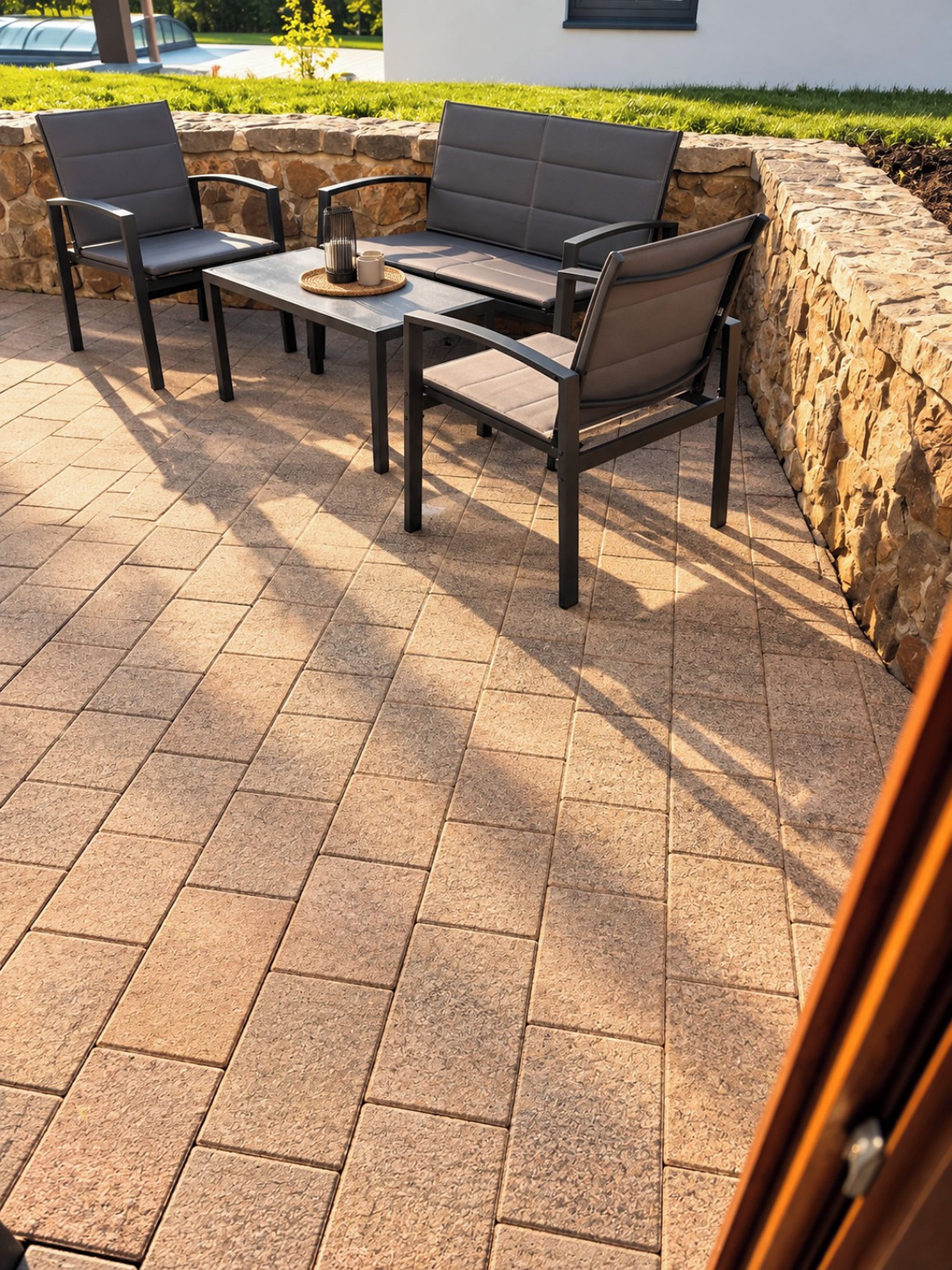 An outdoor patio with a stone wall, a table, and four chairs.