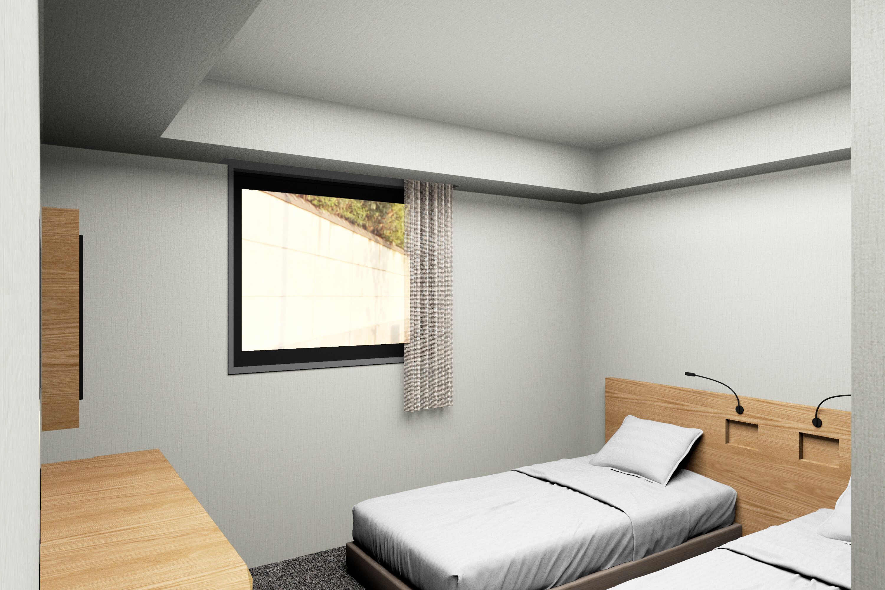 Un dormitorio moderno con una cama individual, un ventanal con cortina y un cabecero de madera.