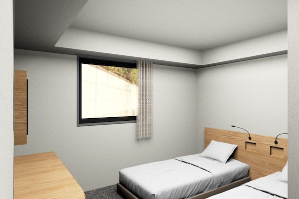 Un dormitorio moderno con una cama individual, un ventanal con cortina y un cabecero de madera.