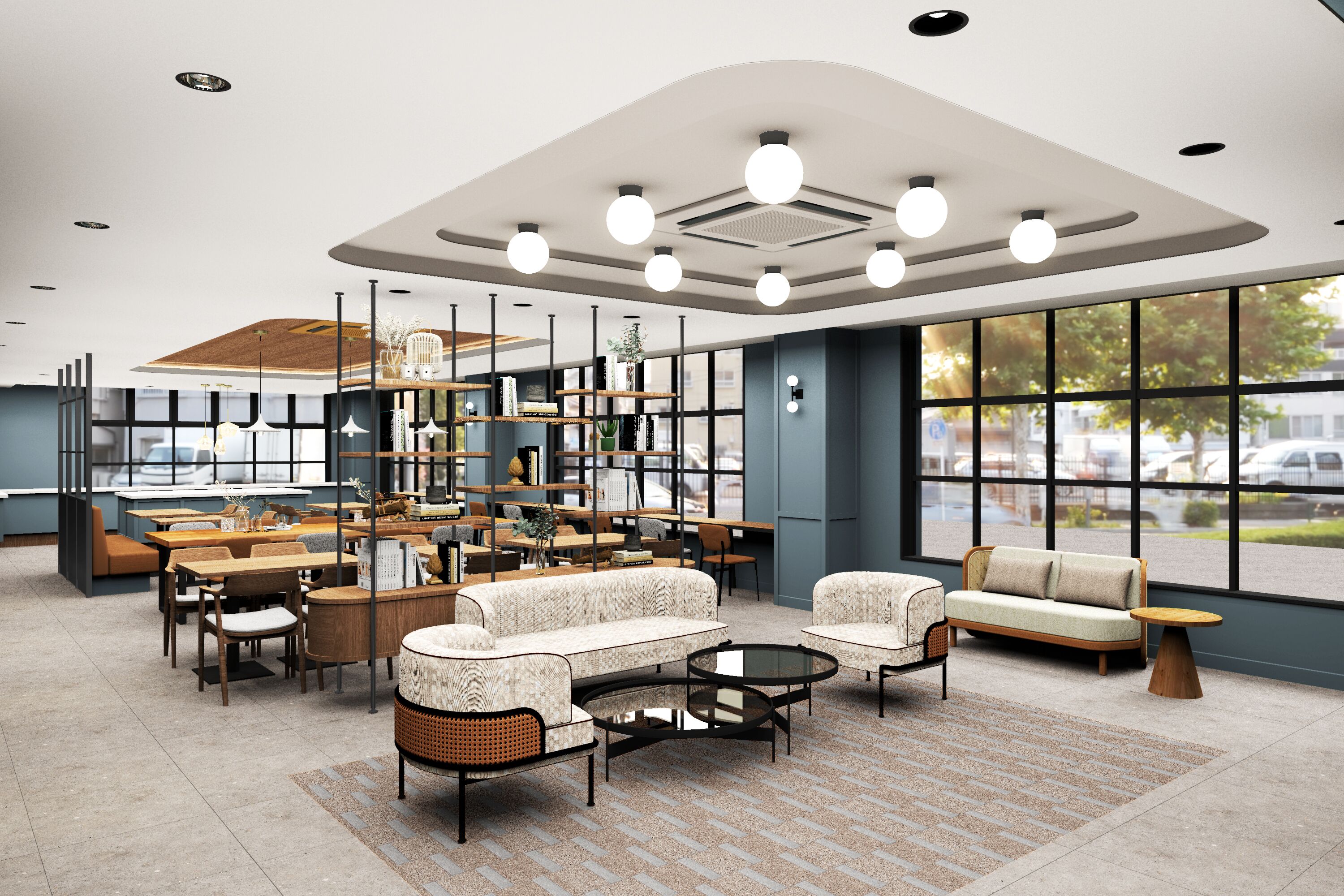 A modern interior with a seating area, bookshelves, and large windows.