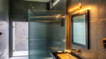 A modern bathroom with a glass shower enclosure, a sink with a dark countertop, and a mirror with a light fixture above it.