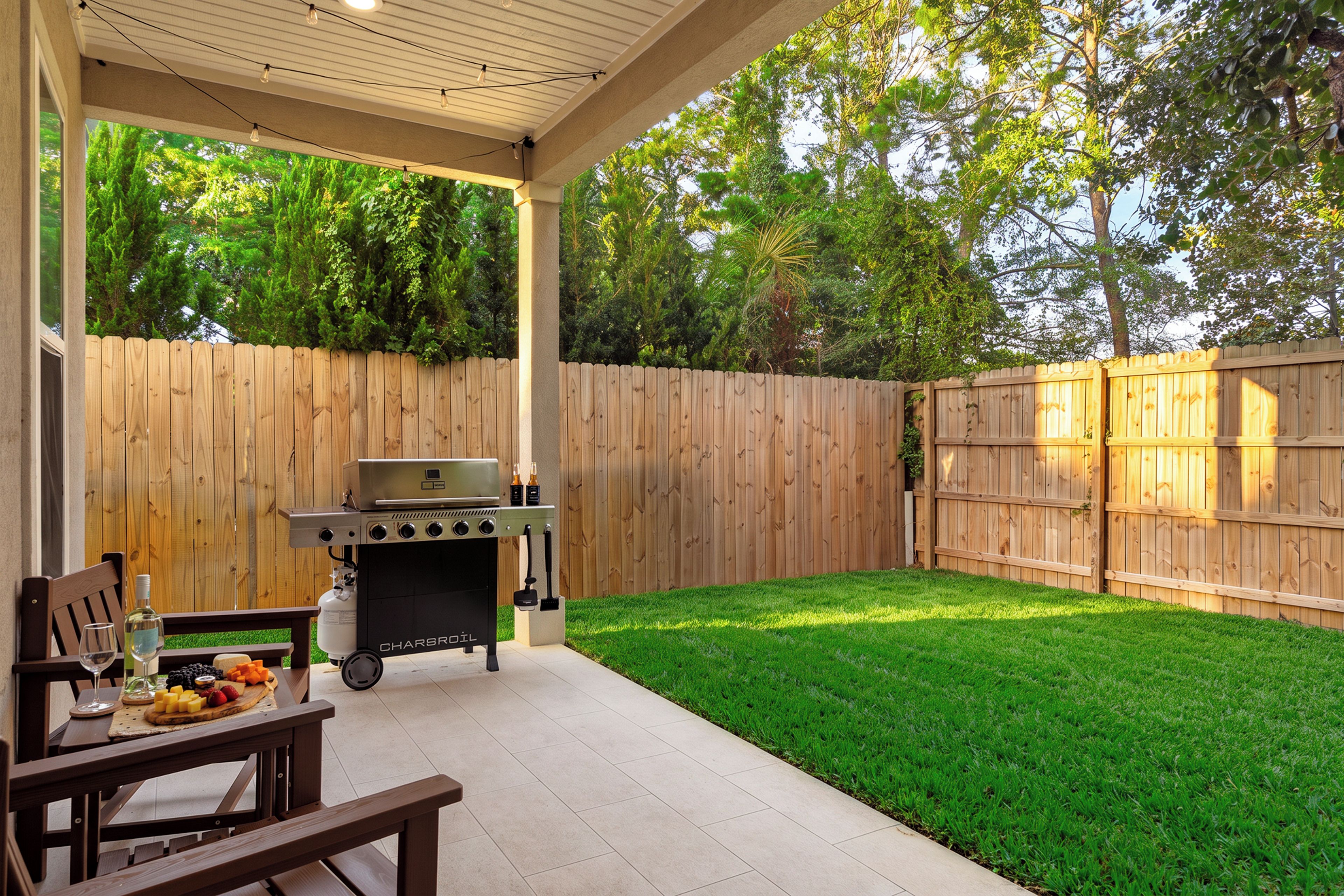 An outdoor patio with a barbecue grill, a table with food and drinks, and a wooden fence.