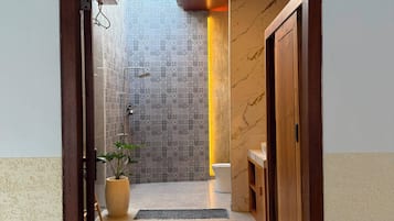 Un pasillo con pared de azulejos, una planta en maceta, una puerta de madera y piso de baldosas.