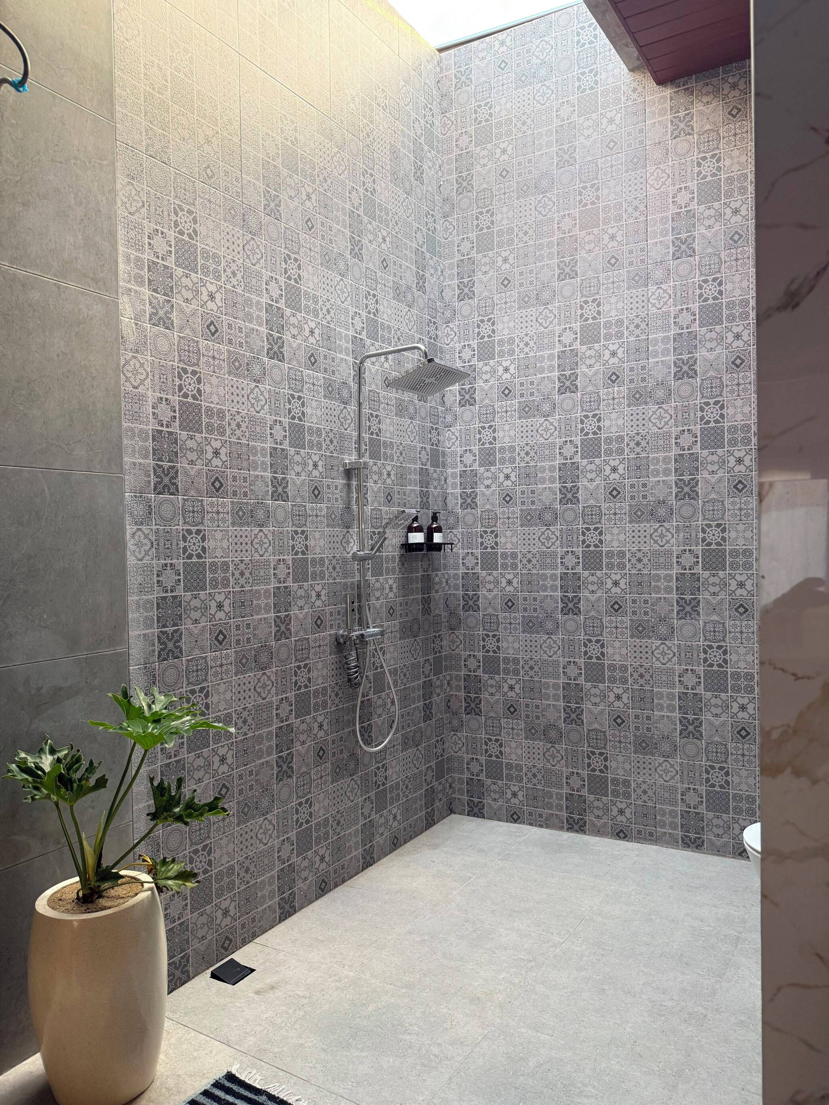 Un espace douche avec un mur recouvert de carreaux à motifs, une douchette à main et une plante en pot.