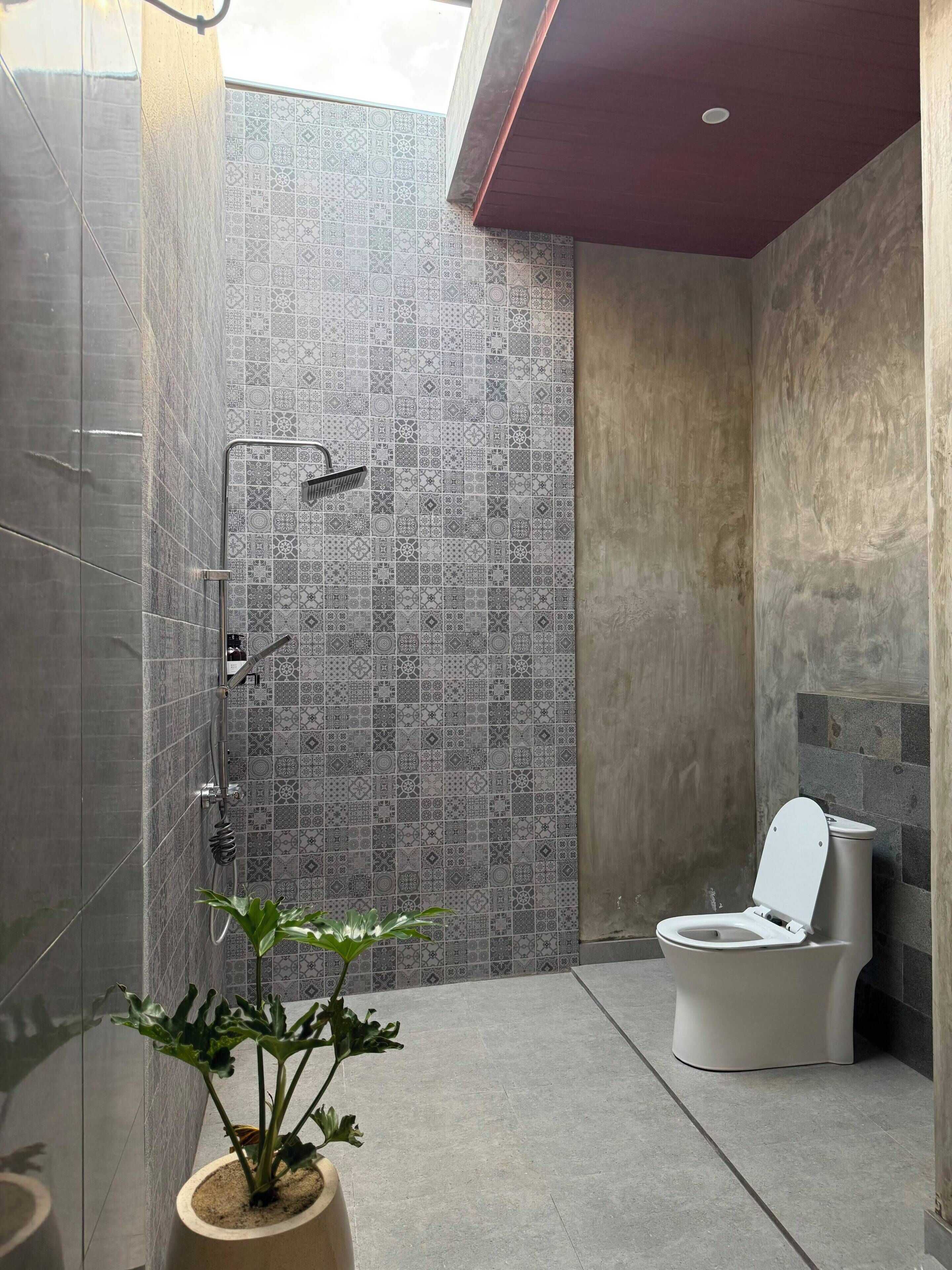 Un baño moderno con ducha, inodoro y una planta en maceta.