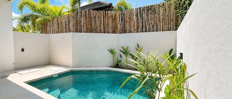 A swimming pool with a bamboo fence, surrounded by tropical plants and a white wall.