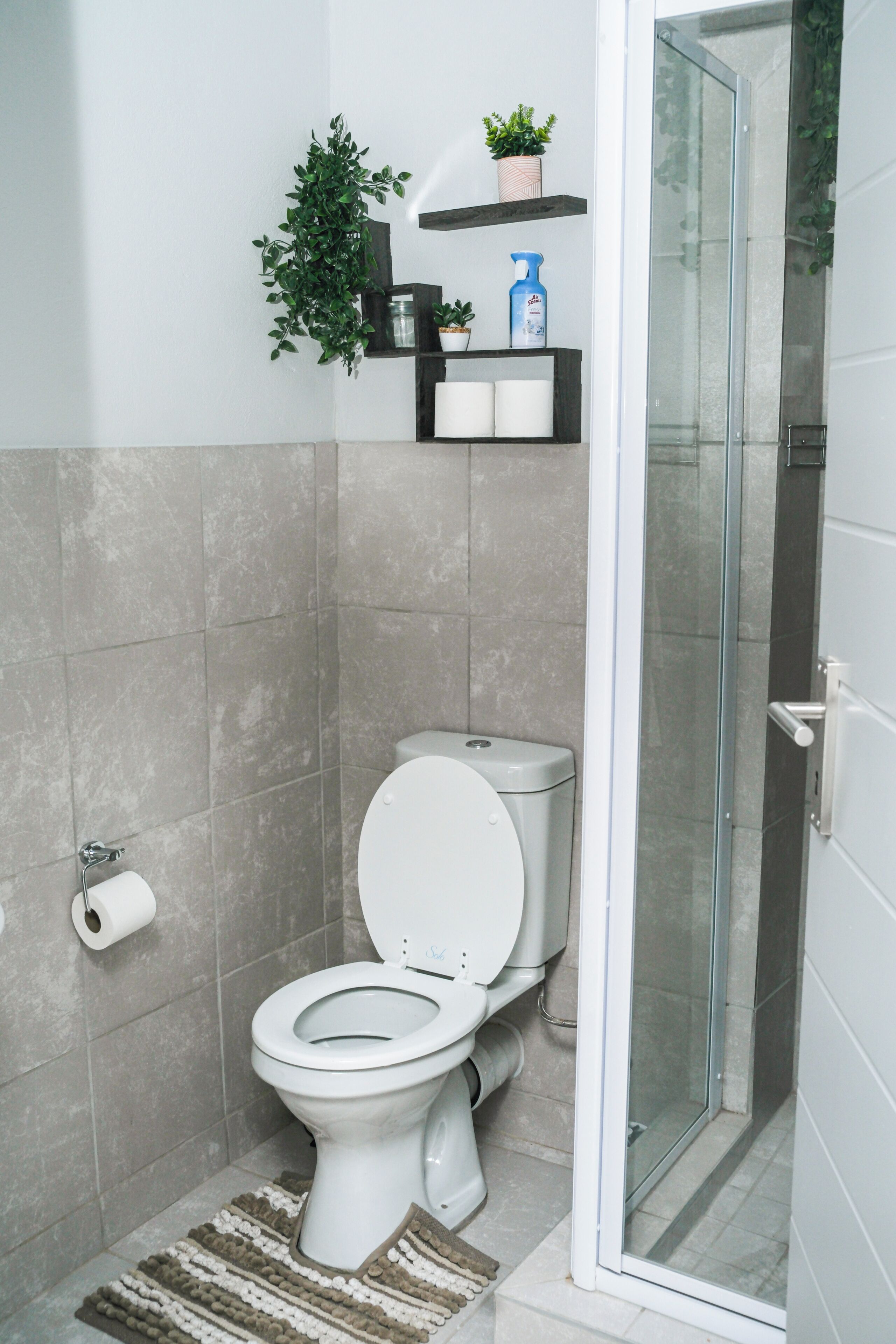 A bathroom with a toilet, a shower, and a glass door leading to a shower area.