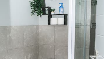 A bathroom with a toilet, a shower, and a glass door leading to a shower area.