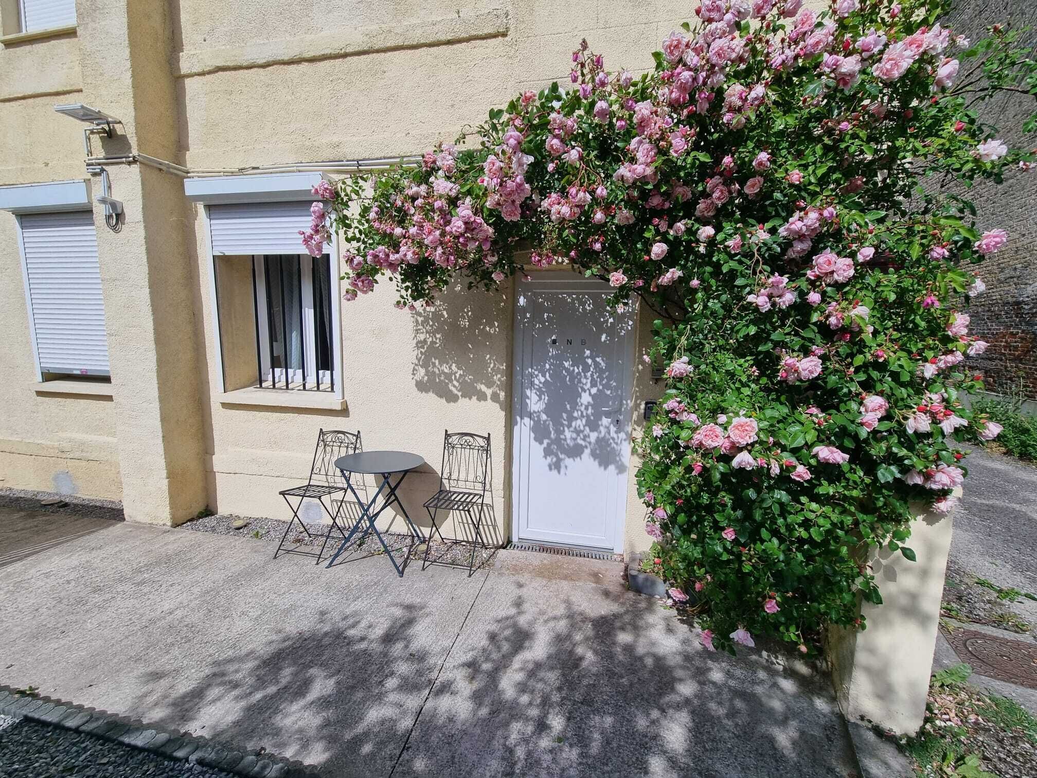 A building with a white door, a small patio with two chairs, and a rose bush with pink flowers.