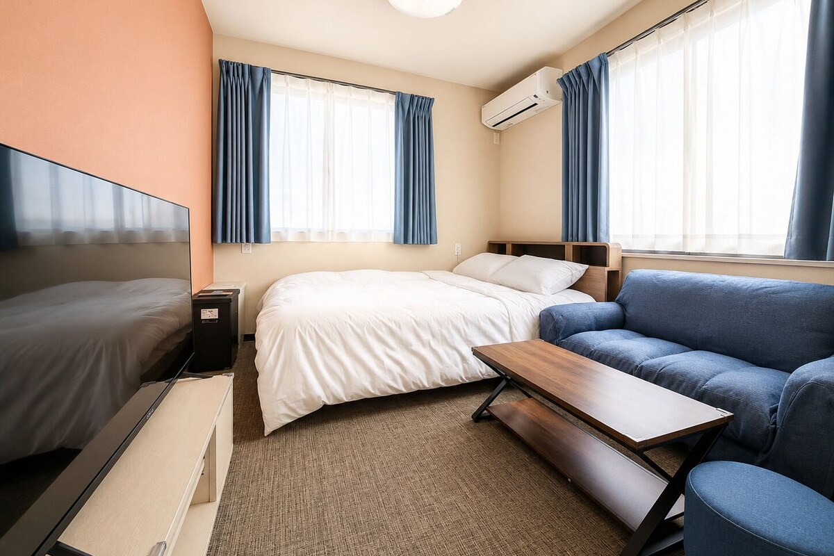A hotel room with a bed, a sofa, a TV, and an air conditioning unit.