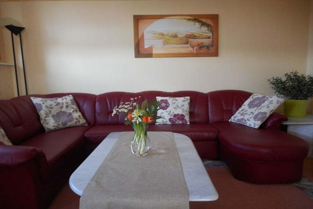 Ein rotes Ledersofa mit Blumenkissen, eine Vase mit Blumen und ein Bild an der Wand.