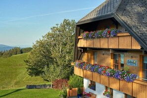 A wooden chalet with a balcony adorned with colorful flowers, set against a backdrop of a green hillside and a clear sky. - Holiday apartment with 2 bedrooms (Münstertal)