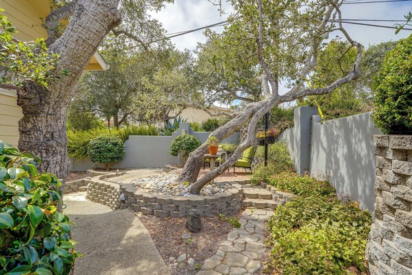 A landscaped garden with a stone pathway, a tree with a curved trunk, and a variety of shrubs.