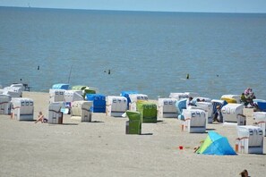 Ein Strand mit Reihen nummerierter Strandhütten und einem Zelt.