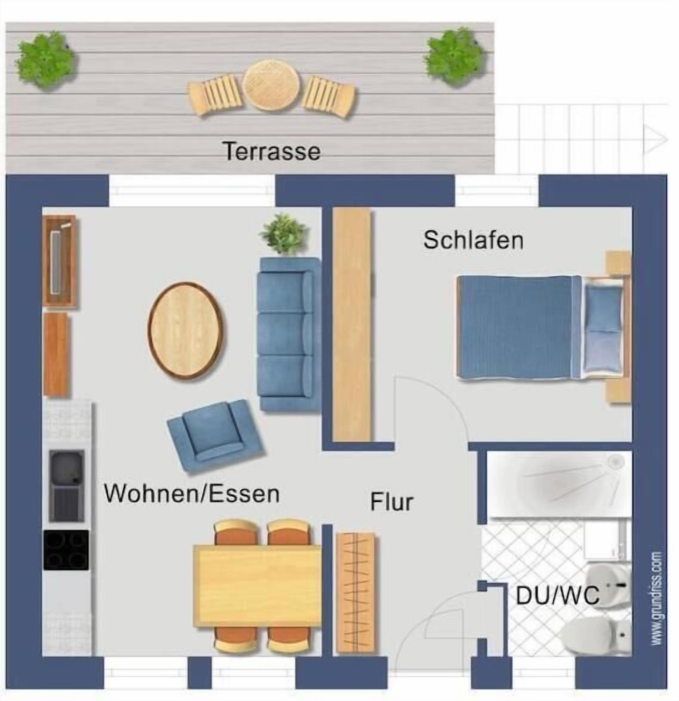 A floor plan of a hotel with a terrace, living area, bedroom, bathroom, and a small dining area.