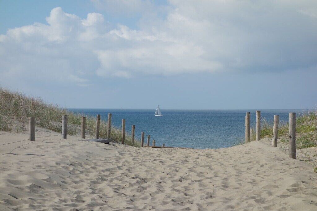 Una playa arenosa con una cerca de madera y un velero a lo lejos.